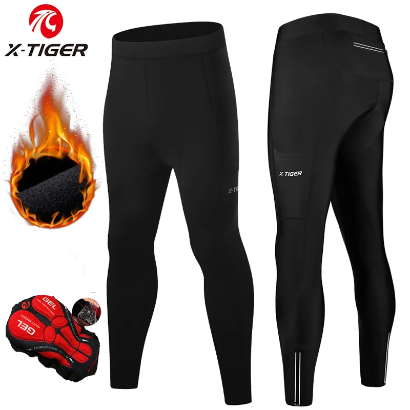 X-TIGER Cycling Pants with Back Pocket 5D Gel Padded Men Fleece Sports Warm Long Pants MTB Road Ski Motorcycle Bike cycling tights cycling leg sleeves