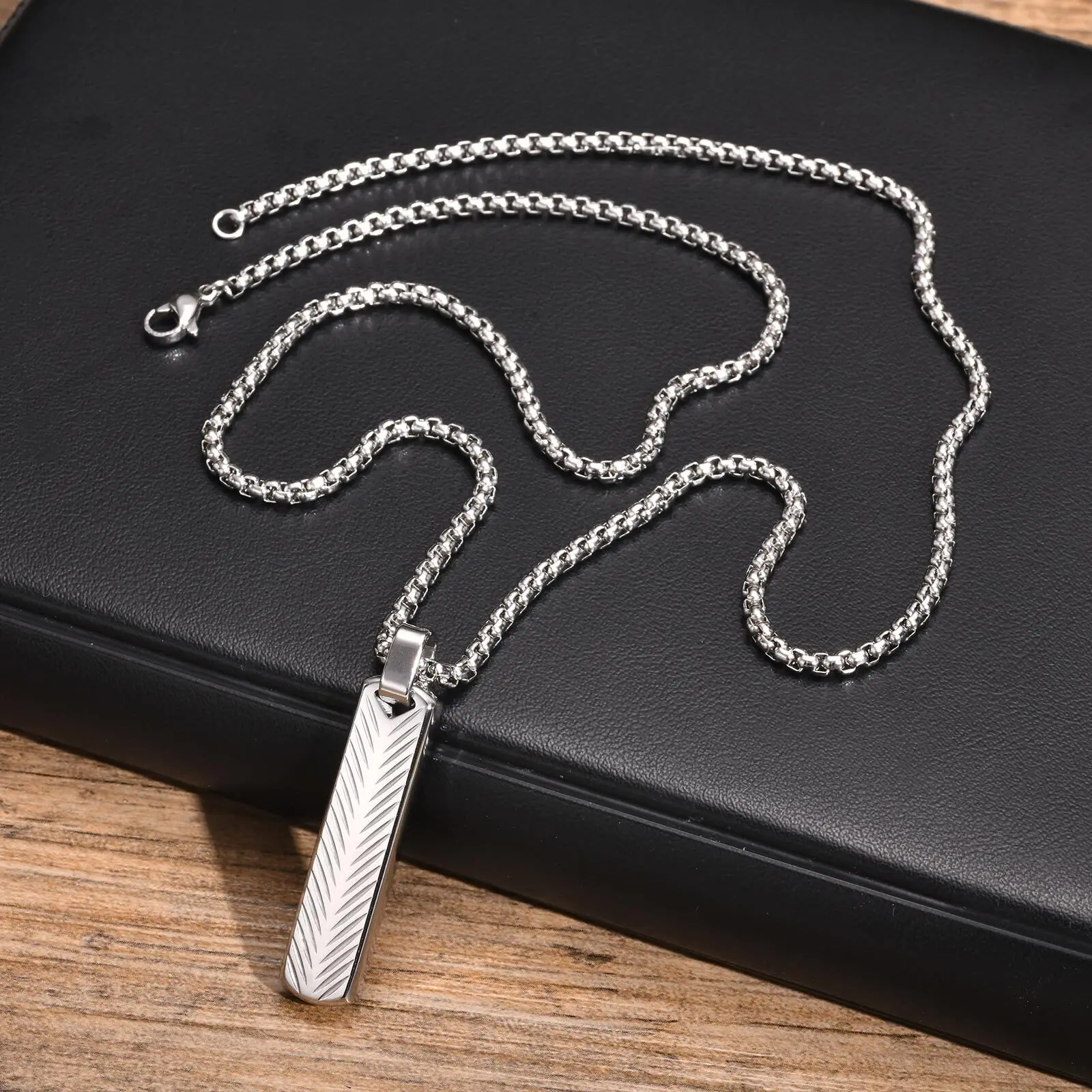 Vertical Long Bar Pendant Necklaces for Men Boys,Stainless Steel Cutting Flower Pendant Necklaces,Casual Jewelry