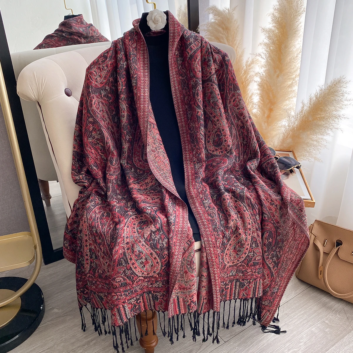 Luxury Winter Women's Cashmere Scarf - Embroidered Printed Tasseled Shawl, Muslim Modal Hijab Headscarf & Warm Poncho