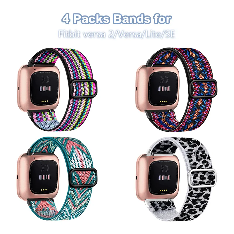 Elastic Band Compatible with Fitbit Versa, Versa Lite SE, Fitbit Versa 2 Bands for Women, Adjustable Stretchy Nylon Sol, 4 Pack