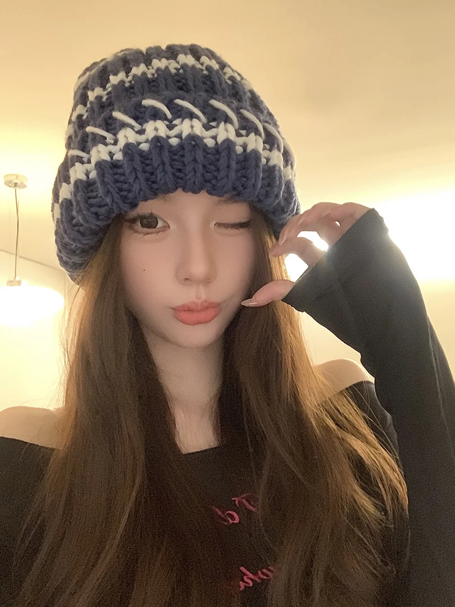 Gebreide beanie muts dames gestreept dik winter warm retro stijl_voghion.com