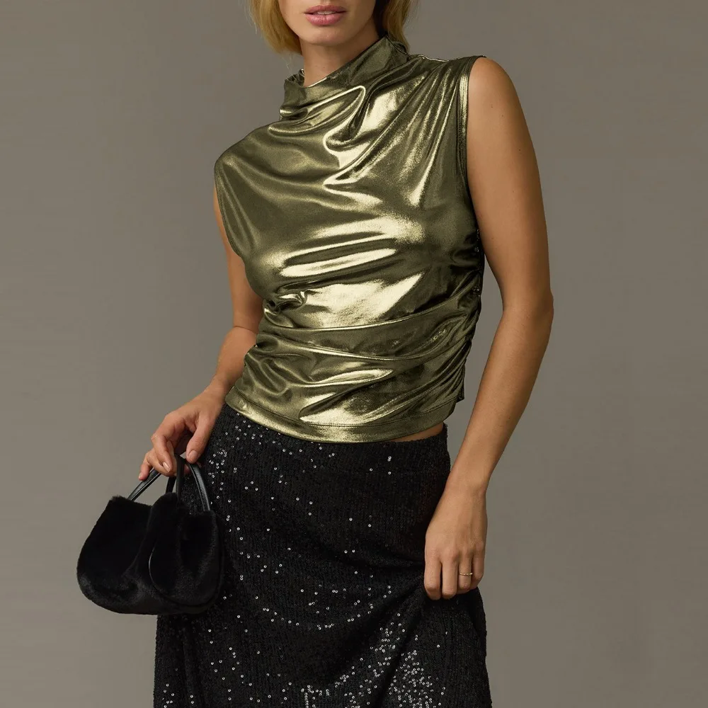 

Fashionable Y2K Slim Top Streetwear Crop Top Hot Girl Vest with Half Turtleneck Bottoming Shirt European and American Clothing