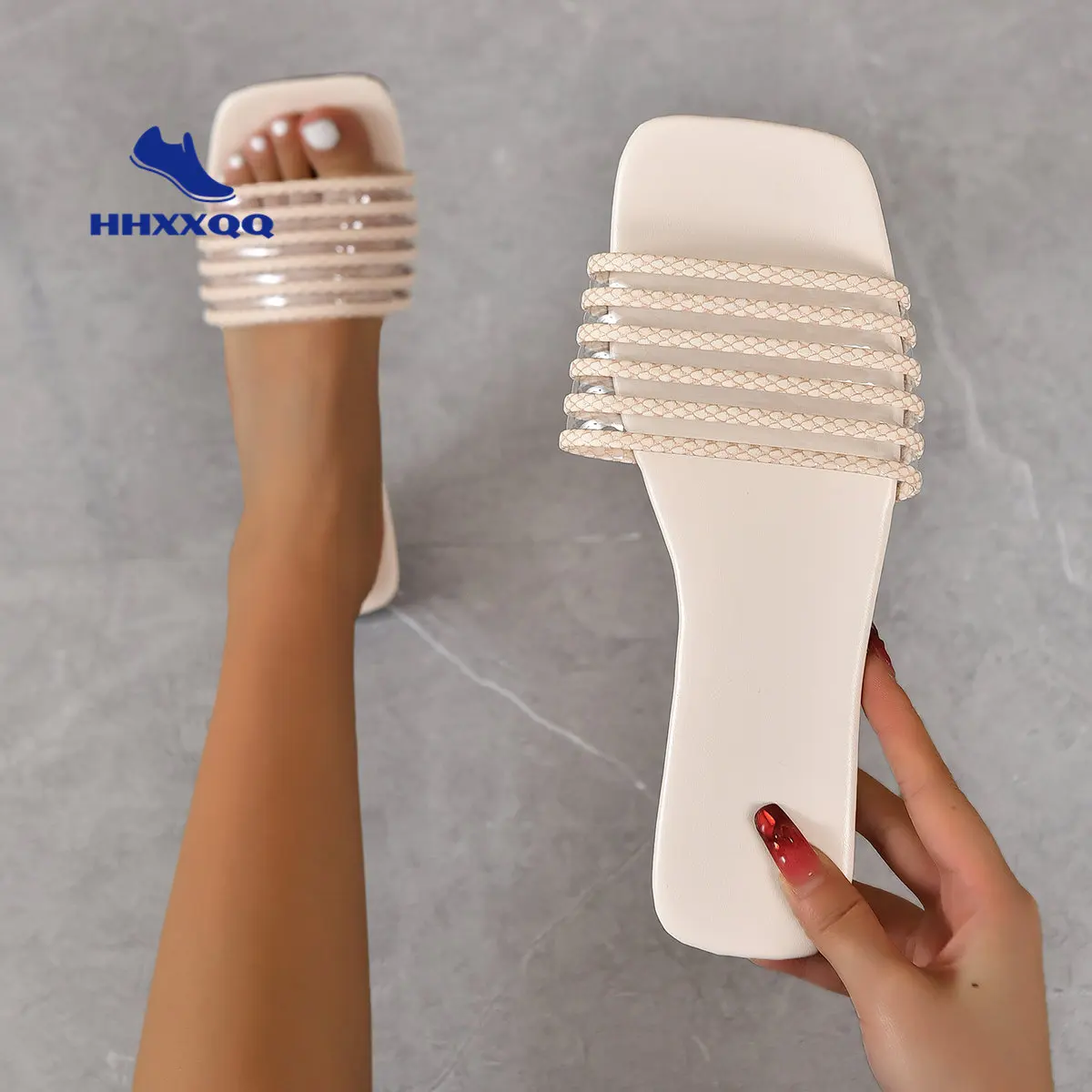 

Women's Summer PVC Flat Sandal Slippers Sexy Thin Straps Luxury Slippers Square Toe Flip Flops Casual Beach Flats
