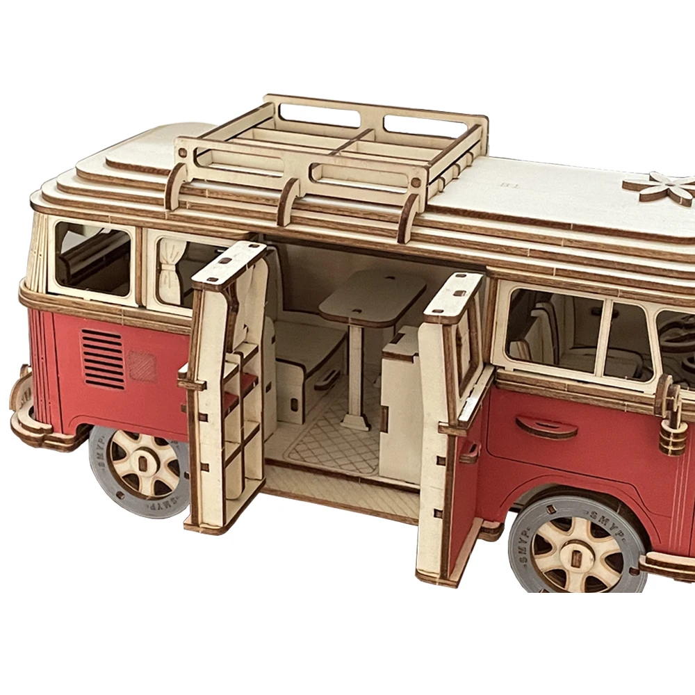 DIY Manual Assembly Model Car Wooden Retro Bus 3D Puzzle Camper Van Children Boy Girl Gift Educational Toys Home Decoration