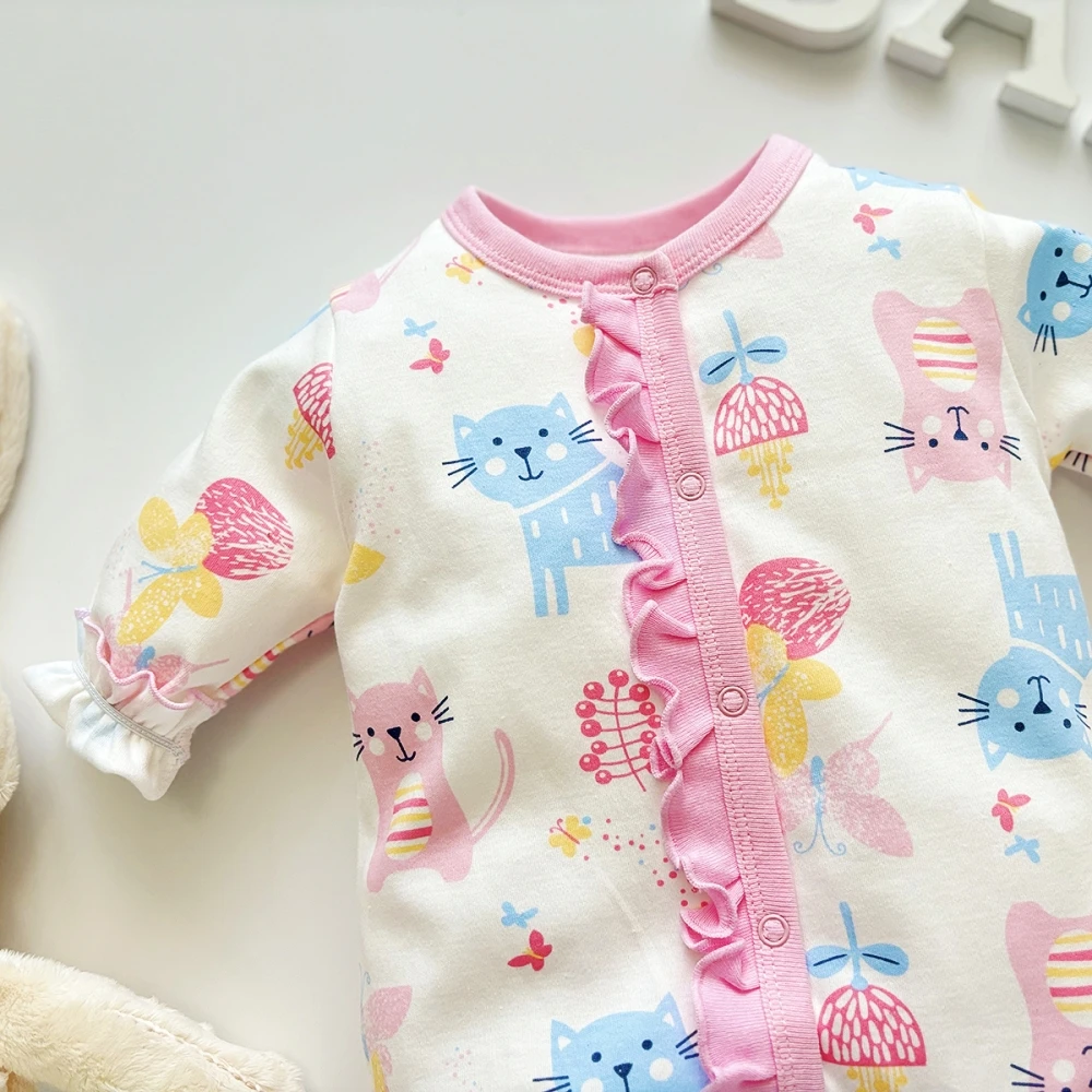 Newborn onesies soft romper cotton autumn long sleeve baby girl clothes Cartoon cat print infant bodysuit 0 to 12 Month jumpsuit