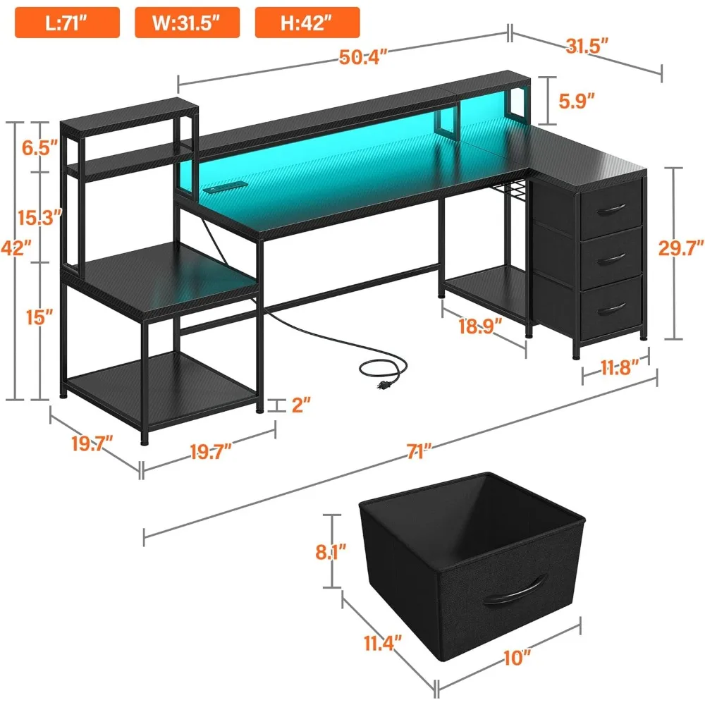 Gaming Desk with Power Outlet, Computer Desk with LED Lights, L Shaped Desks with Drawers, Reversible Home Office Desks 2