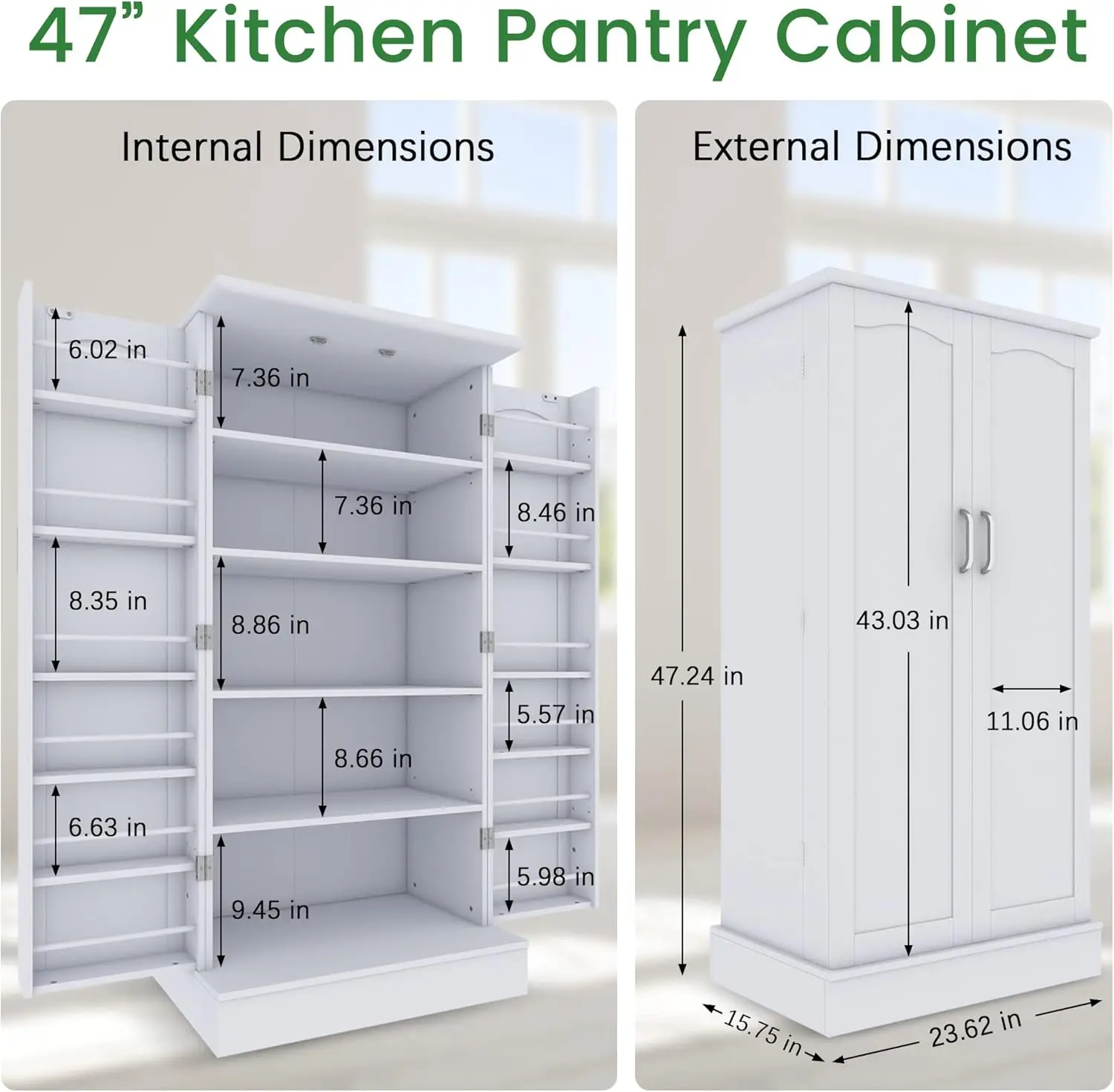 47” Kitchen Pantry Cabinet, White Freestanding Buffet Cupboards Sideboard with Doors & Adjustable Shelves Kitchen Pantry Storage 2