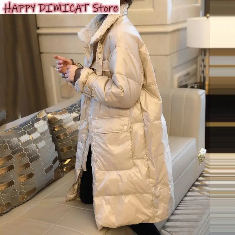 цена Long Down Jackets Loose Street Thick Bread Outerwear Women Lamb Fur Turn Down Collar Winter 90% White Duck Down Parka