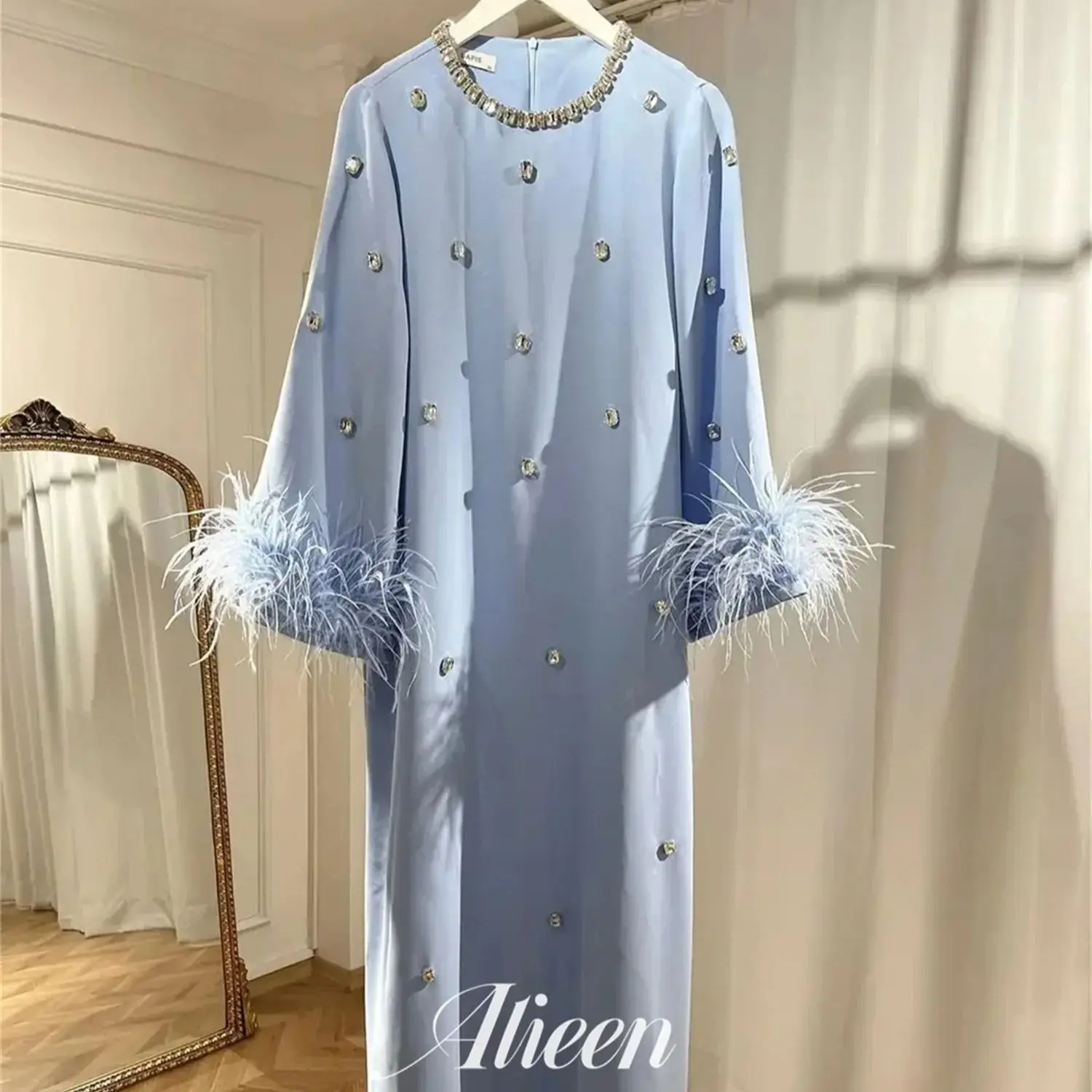 

Aileen Round Neck Light Blue Feather Long Sleeves Evening Dresses Woman Elegant Party Dress 2024 Robe De Soiree Femmes Prom Gown