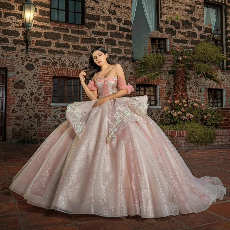 

Pink Shiny Ball Gown Quinceanera Dress Tulle Appliques Lace Beads Off Shoulder Sweet 15 16 Birthday Party Formal Dresses