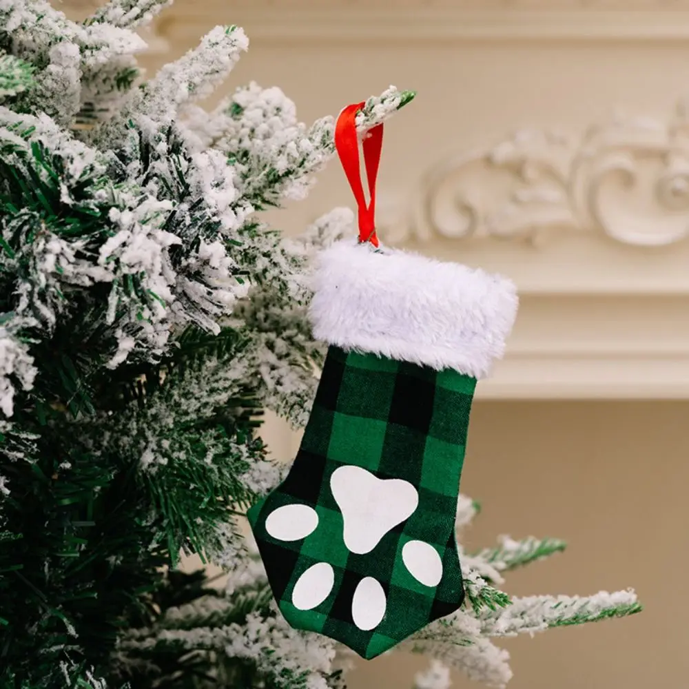 Christmas Stocking Dog Claw Socks New Year Candy Gift Bag Xmas Tree Fireplace Hanging Decoration Red Black