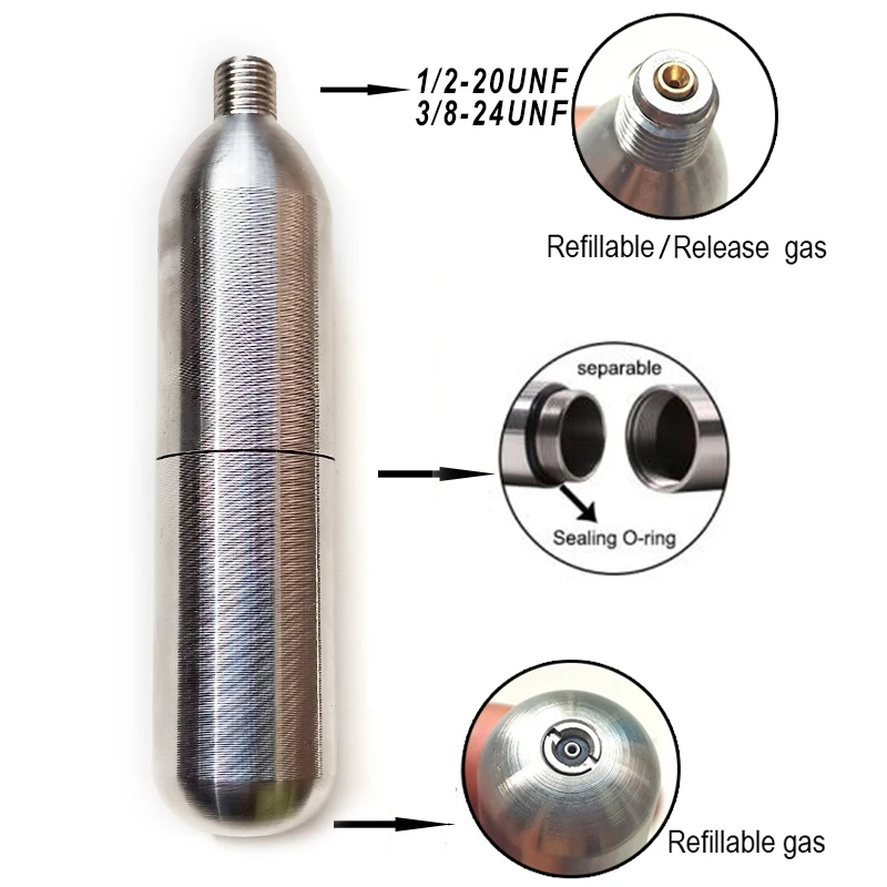 High Pressure 33g 45g Gas Cylinder Refill 1/2-20UNF 3/8-24UNF for Kitchen Pneumatic Coffee Wine Soda Beer Bar Life Vest Airbag