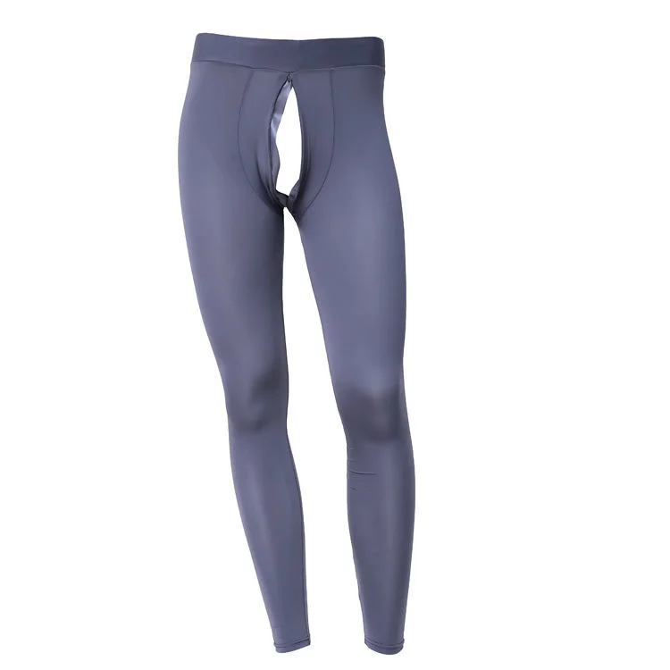 Invisible Zipper Open Crotch Sexy Mens See Through Leggings Ice Silk Ultra-thin Transparent Tight Pants Underwear