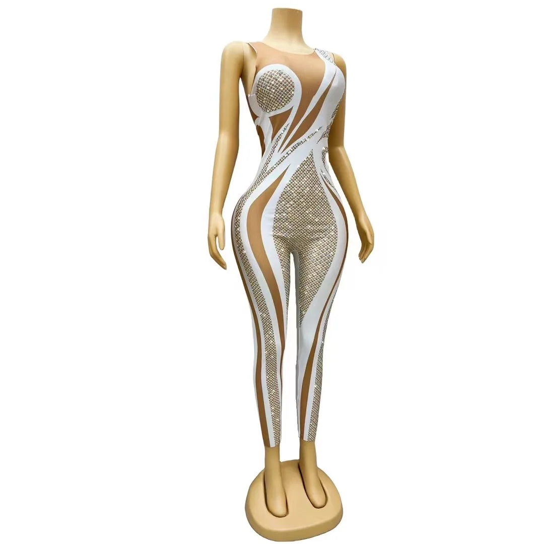Women High Street Sparkly AB Crystals White Printed Jumpsuit Nightclub Birthday Party Stage Performance Dance Rompers Outfit 2