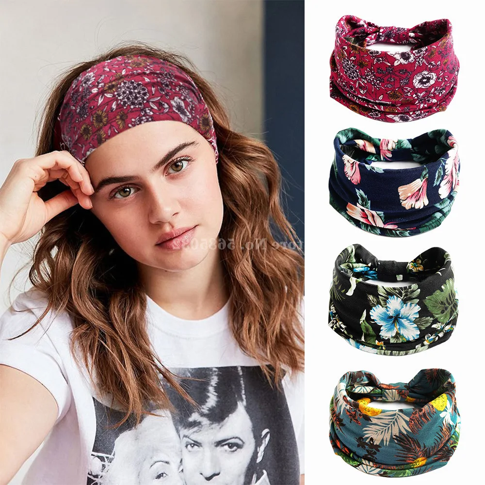 

2PCS Boho Cotton Headband Women Cashew Leopard Flower Turban Headwrap Knot Hairband Bandana Girls Sport Cycling Hair Accessories