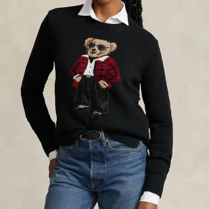 

2024 RL Embroidered Bear O-neck Knitted 100% Cotton Sweater Women's Bottoming Autumn Winter Trend Casual Pullover Sweater Tops