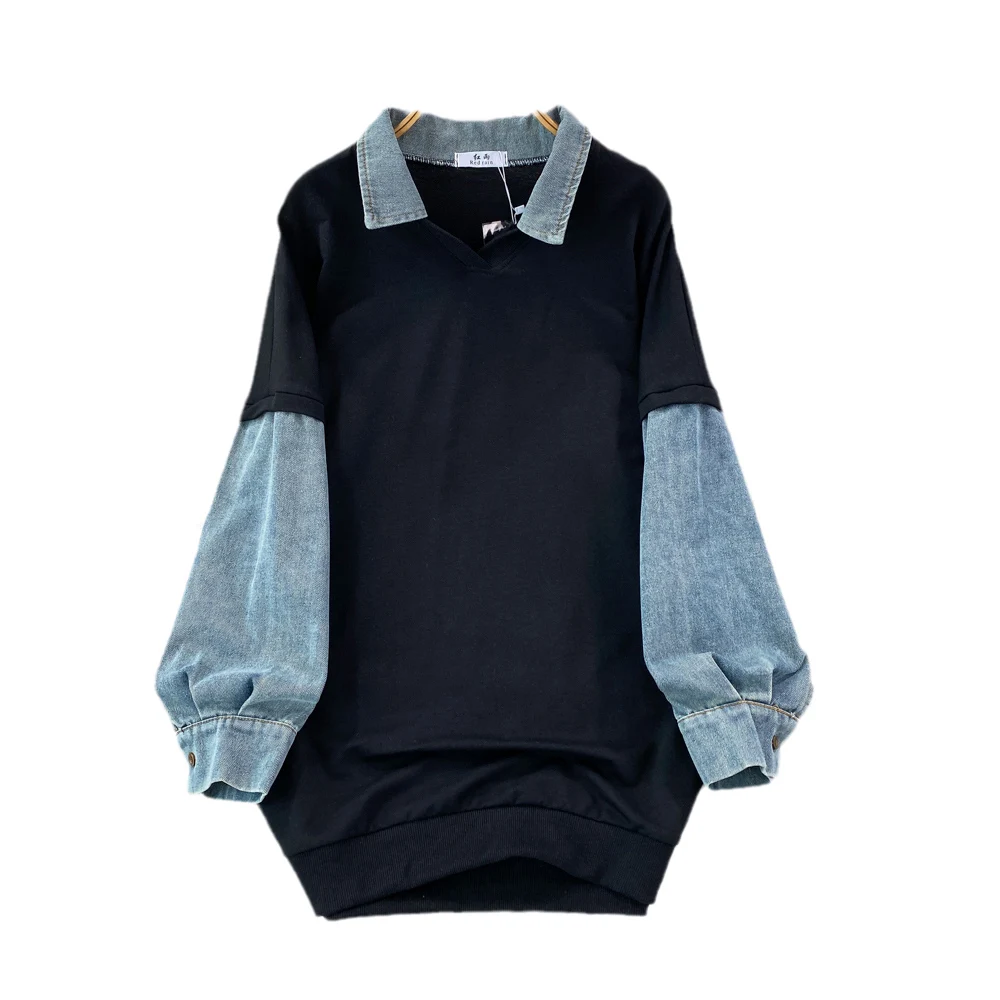 

VANOVICH Autumn and Winter 2024 New American Retro Lantern Sleeved Polo Collar Denim Stitching Loose Women's Casual Sweatshirts