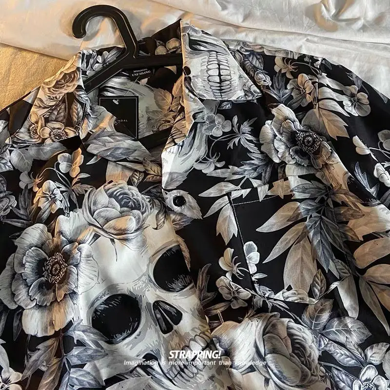 

Retro Skull Printed Shirt Short Sleeve Thai Hawaiian Style Design Loose Shirt Men and Women 2023