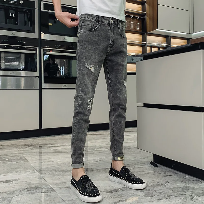 Denim Jeans Men's Korean Trendy Slim Feet 2022 Summer Thin Ripped Hole Wild Brand Casual Ankle Length Pants