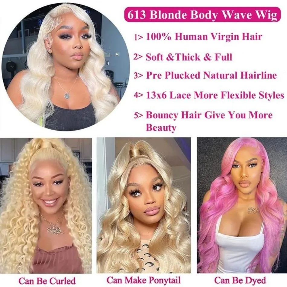Body Wave Human Hair Wigs Blonde 613 Hd Lace Frontal Wig Colored Brazilian 13X6 Lace Front Wig For Women 250 Density 30 38 Inch