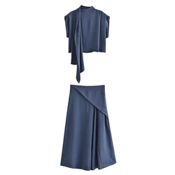TRAFZA 2024 Summer Vintage Woman Solid Suits Slim Scarf Collar Sleeveless Short Tops+ Zipper A-LINE Long Skirt Women Sexy Suits