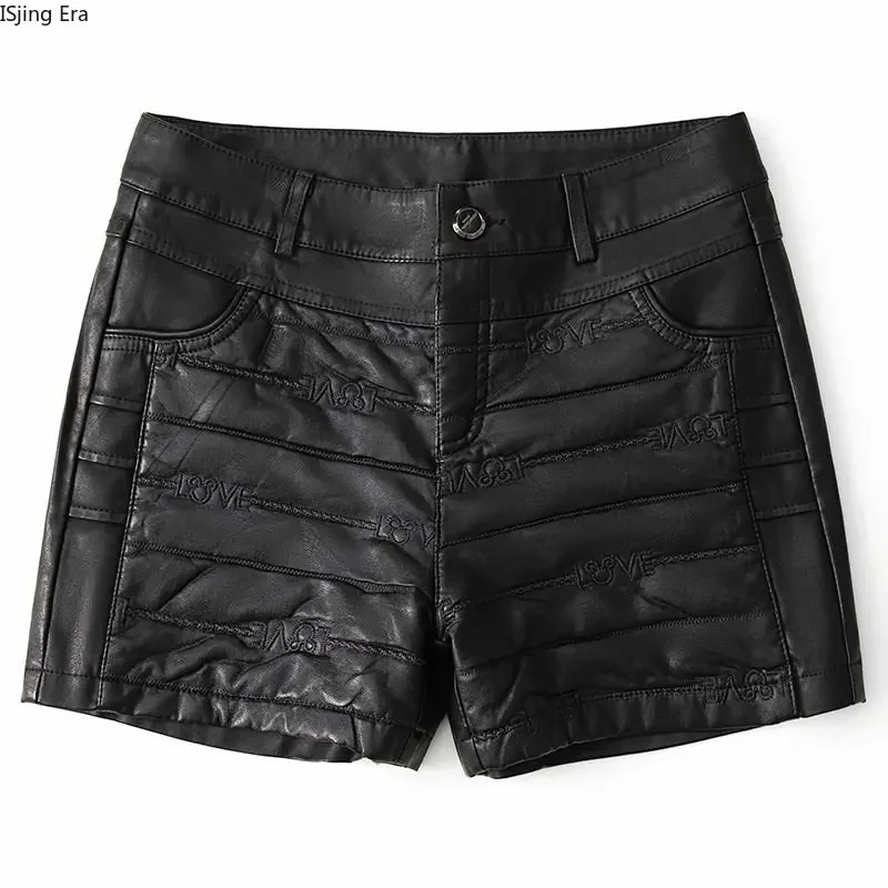 New High Waist PU Shorts Women 2023 Fashion Embroidery Slim Fit Leather Shorts