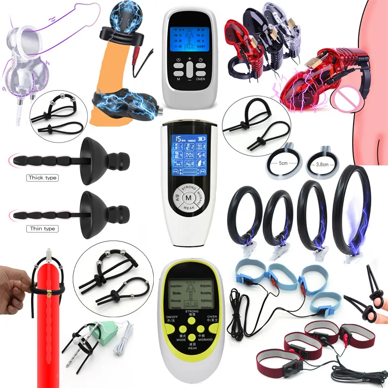 Electric Shock Peni Ring，Strongest BDSM Power Box,Electro Stimulate Massage Glans Trainer Cock Cage Penis Extender,Men Sexy Toys