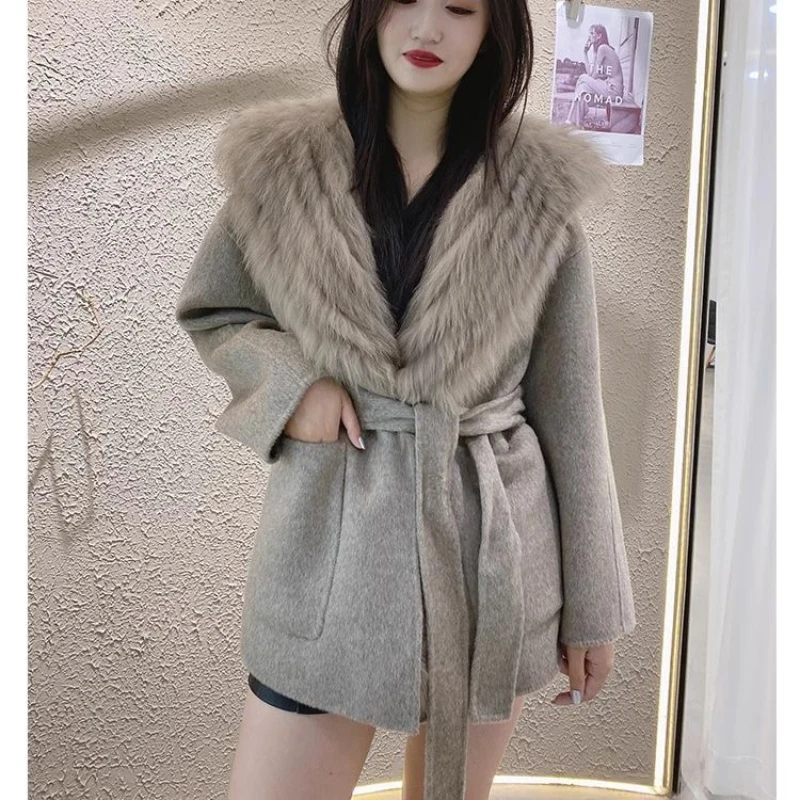 

2023 Winter Women Jacket Real Natural Fox Fur Liner Hooded Knitted Cardigan Cashmere Wool Blends Warm Loose Fashion Outerwear