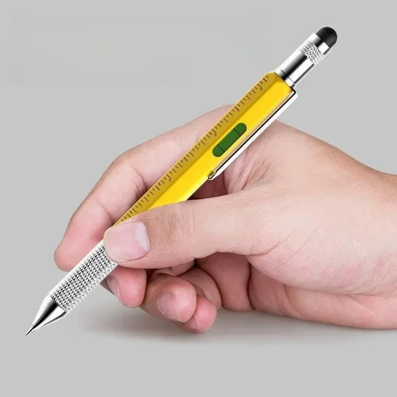 6 In 1 다기능 도구 펜 스케일 레벨 게이지 스크루 드라이버 커패시터 헤드 필기 로타리 금속 도구 부드러운 볼펜