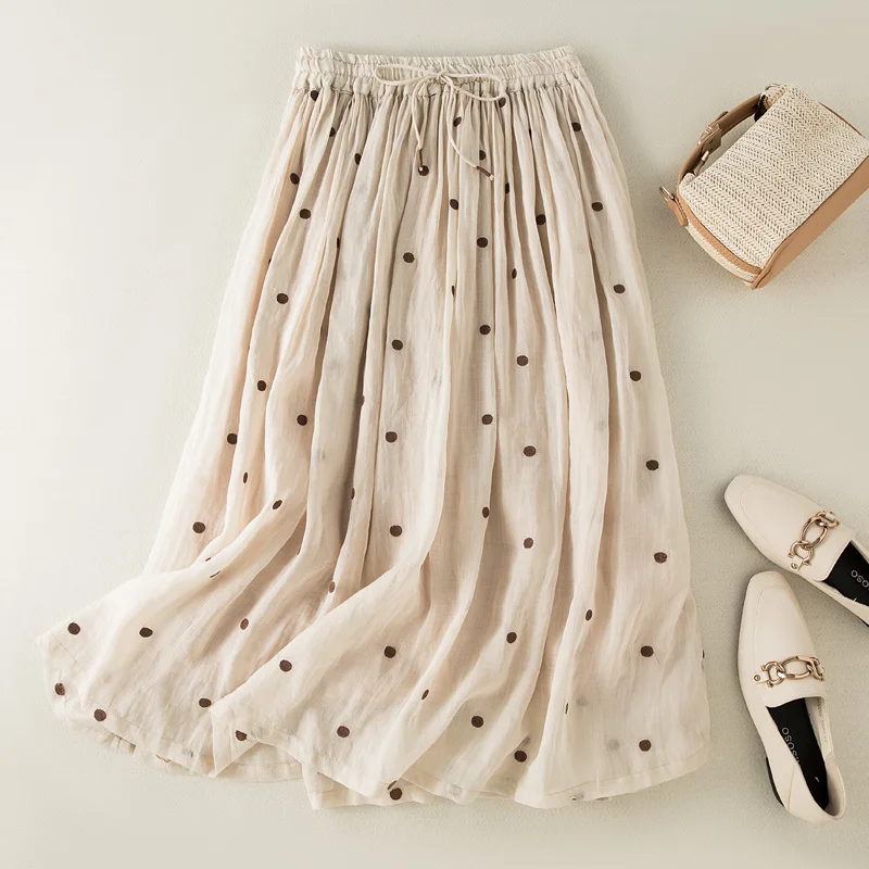 

Limiguyue Polka Dot Cotton Linen Skirt Women Drawstring Elastic Waist A-Line Casual Vintage Big Swing Pleated Skirts Summer U385