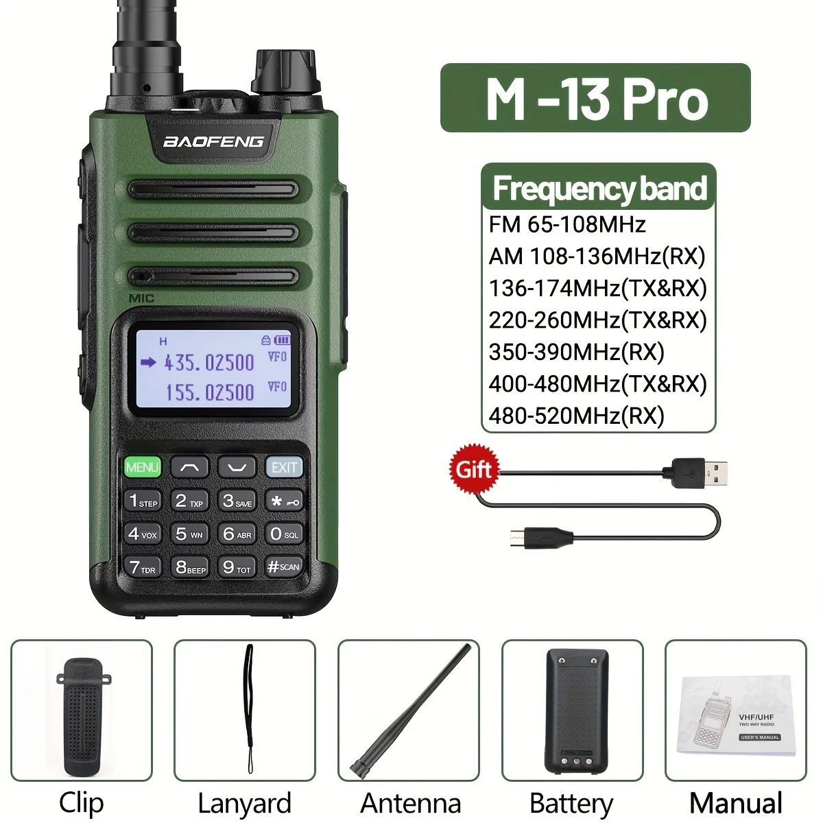 

BaoFeng M-13 Pro Walkie Talkie Air Band Wireless Copy Frequency Type-C USB Charger Long Range Transceiver Upgrade Ham Radio