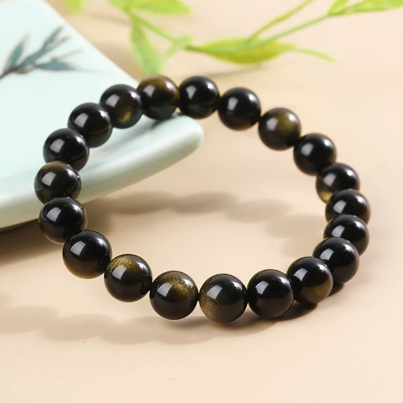 JD Natural Stone Gold Color Obsidian Irisation Bead Bracelet Women Men Charm Health Protect Healing Energy Bangles Yoga Jewelry charm bracelet,obsidian bracelet,chakra beads bracelet