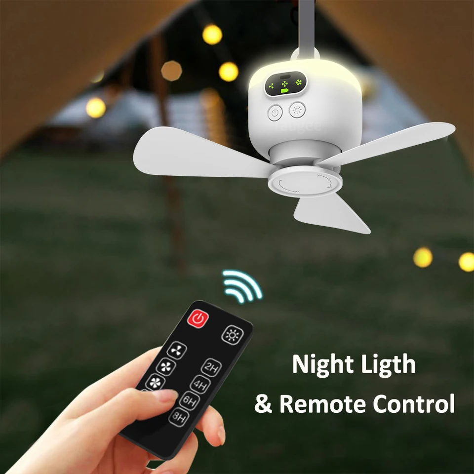 Portable Camping Tent Ceiling Canopy 8000mah Rechargeable Wireless Fan Air Circulators With Remote Control Light_voghion.com
