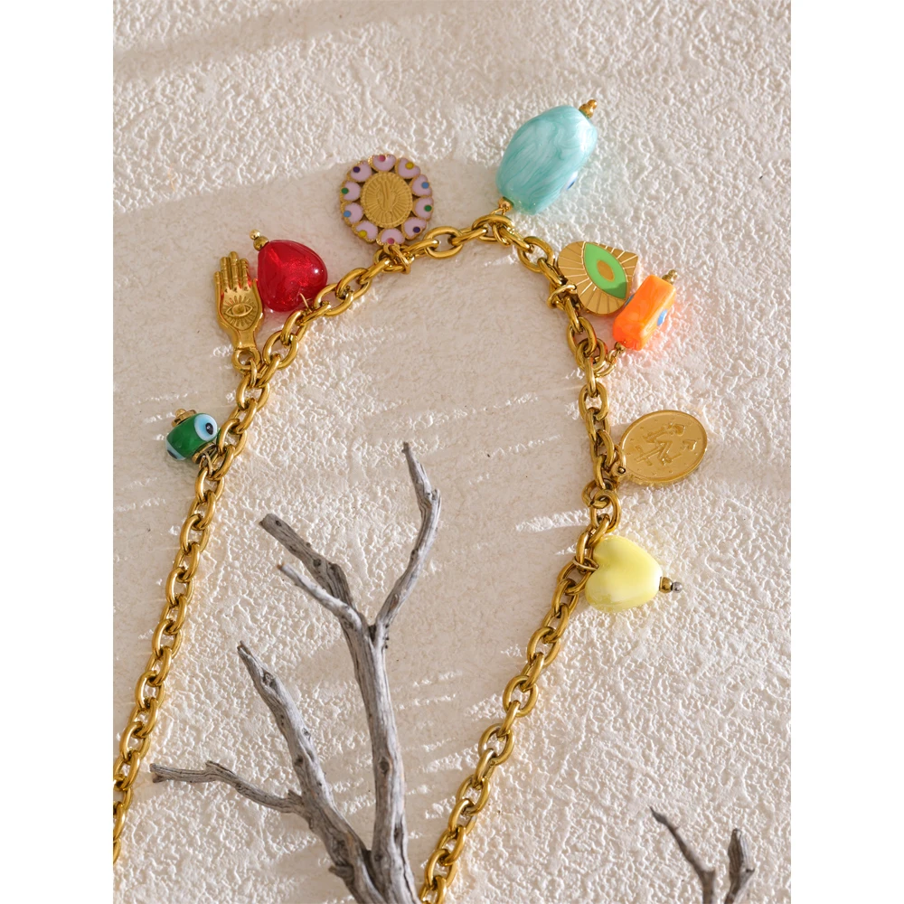 Yhpup Trendy Necklace Ceramic Eye Heart Charms