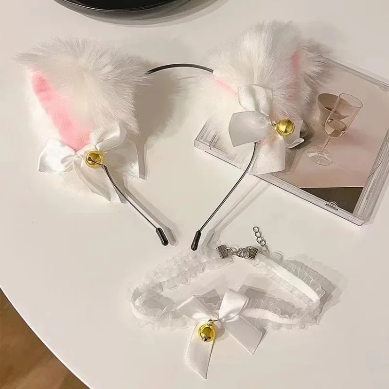 Hübsches Plüsch-Katzenohren-Stirnband, modisches Cosplay, Schleife, Glocke, Katzenohren-Stirnband, Spitze, Glocke, Halskette, Set für Damen, Party, Kostüm, Kopfbedeckung – Detail 3