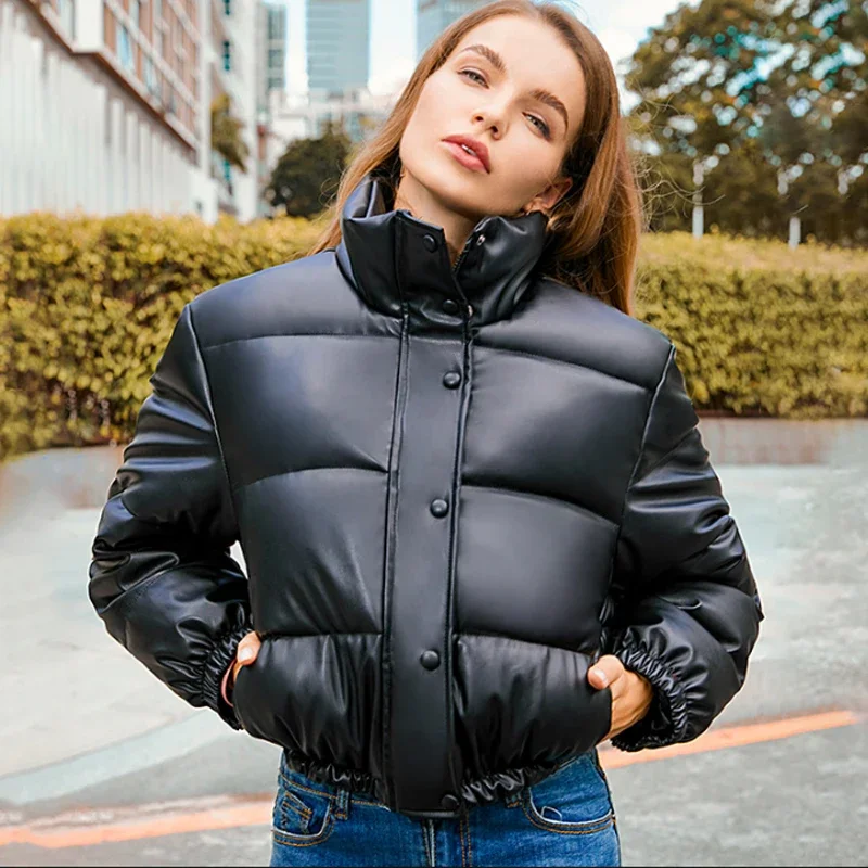 2024 Winter Thick Warm PU Leather Coats Women Short Parkas Female
