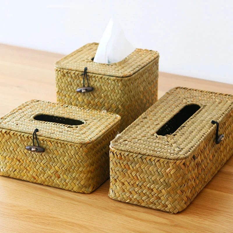 Tissue box napkin holder handmade woven rattan roll paper tray for car living room storage