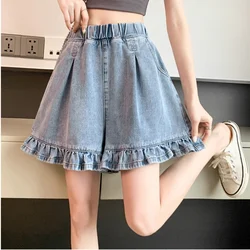 Large Size Ruffle Edge Women‘s Denim Shorts 2023 Summer New Sweet Elastic High Waist Demin Short Pants Y2k Chic Streetwear 6xl