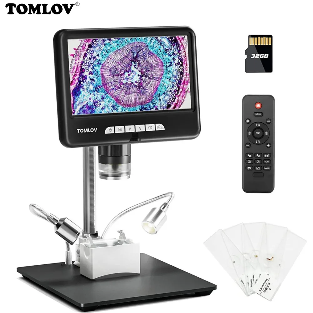 

TOMLOV DM401 Pro 2K Digital Microscope 1200x For Electronics 7" HDMI Microscope Biological Sides Buttom LED Stage 32G Camera