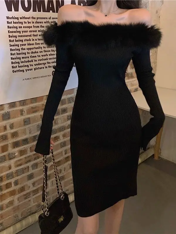 

Knitted One Shoulder Sweater Knitted Dress Women's Slim Wrapped Hip Fashion Elegant Mature Thin Soft Romantic Charm Sweet M6QN