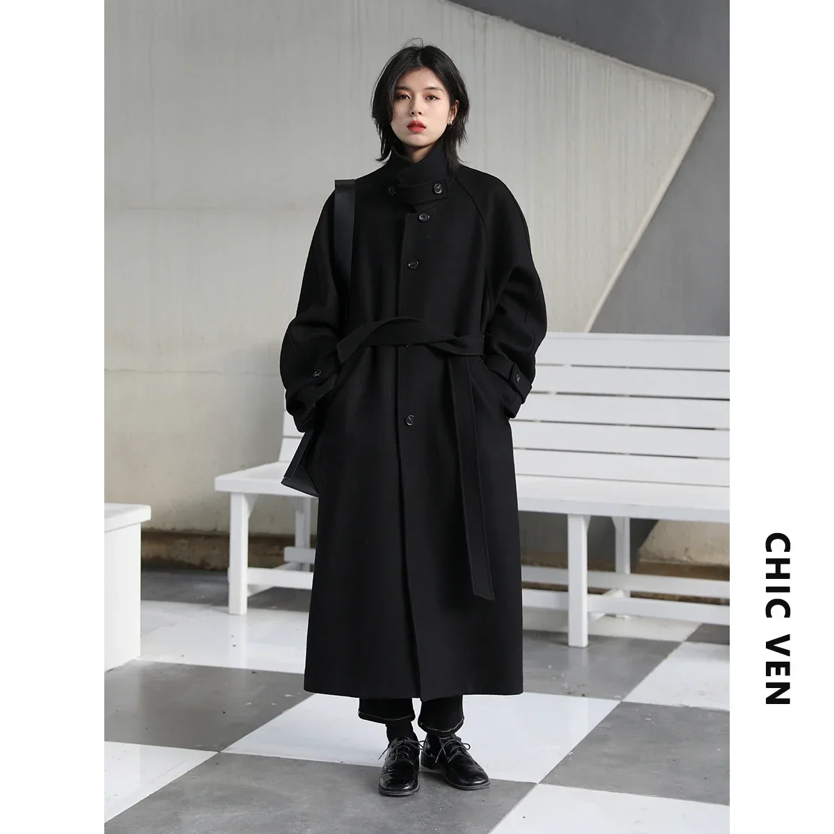 CHIC VEN 여성용 롱 트렌치 코트, 스탠딩 벨트, 레이스업 모직 코트, 라글란 소매, 롱 오버코트, 오피스 레이디, 가을, 겨울 2023