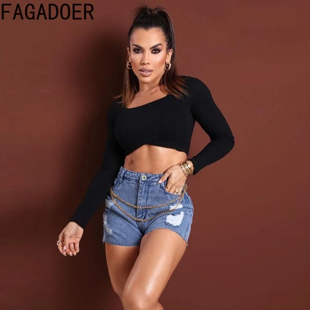 FAGADOER Summer New Hole Skinny Denim Shorts Women High Waisted Button Pocket Hot Girl Bottoms Fashion Cowboy Matching Shorts