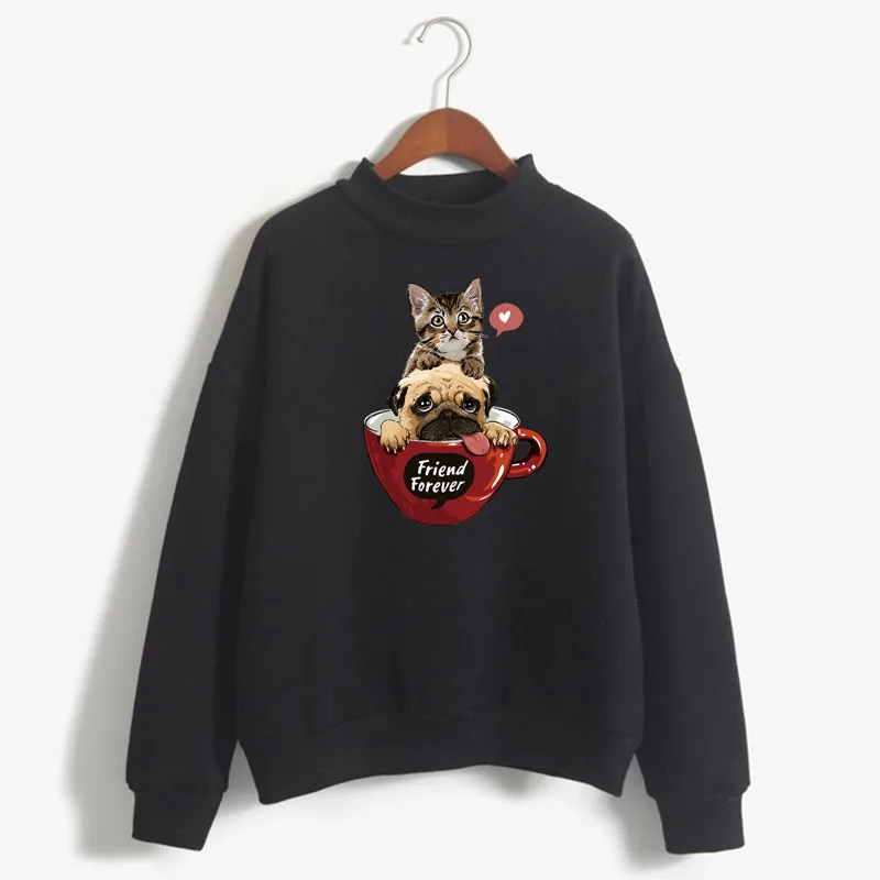 

Lovely Cat Dog Friends Print Women Sweatshirt Sweet Korean O-neck Knitted Pullover Thick Autumn Winter Candy Color Lady Clothing