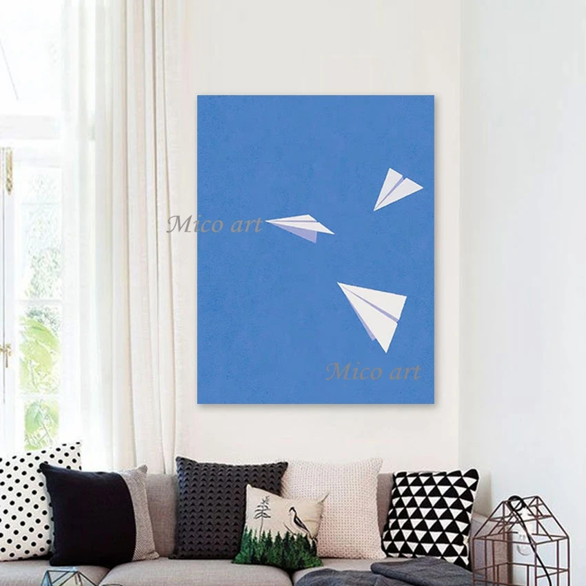 

Kids Room Decoration Frameless Simple Style Abstract Paper Airplanes Textured Oil Painting Blue White Design Canvas Art Picture