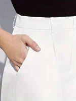 White Women's Oversized Woven Solid Color Casual Shorts Comfortable Loose Fit High Waist Knee-Length Summer Fashion White - Image 4
