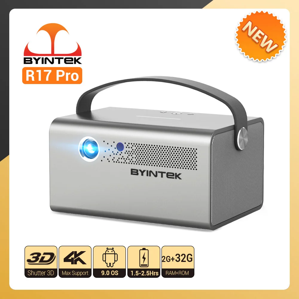 BYINTEK-R17 스마트 3D TV 300 인치 안드로이드 WiFi 휴대용 1080P LED DLP 미니 프로젝터, 풀 HD 4K 시네마 스마트폰 배터리