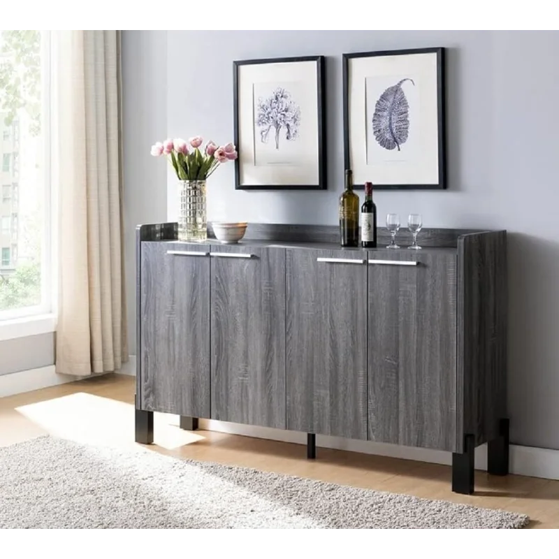 

99ID182337 62" W Sideboard Large Dining Server Cupboard 4 Door Buffet Console Table with Storage Cabinets in Distress