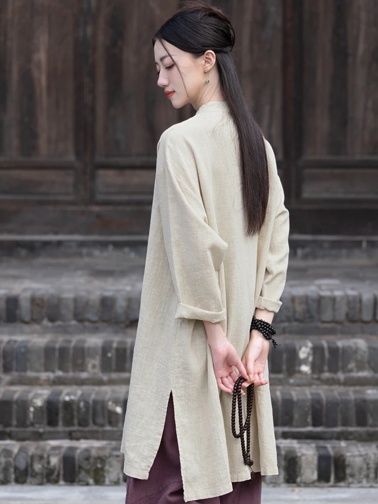 Chinese Style Retro Cotton and Linen Tops China Traditional Clothing Women Mid-length Shirt Vintage Solid Color