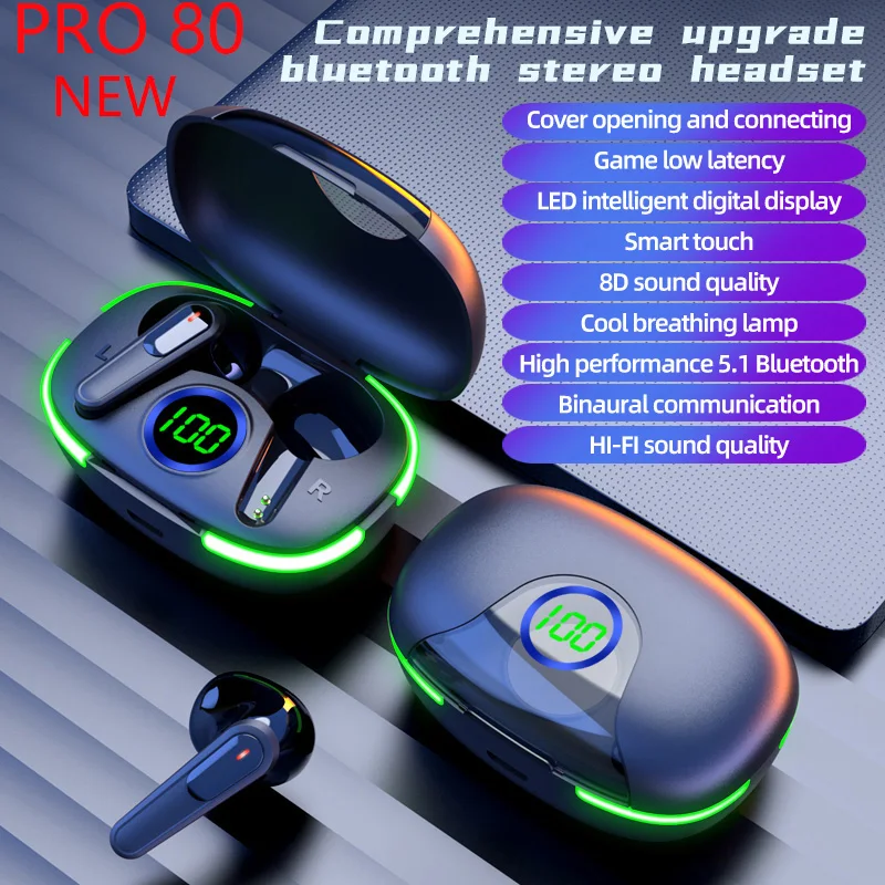 

Original Pro80 TWS Wireless Bluetooth Headset with Mic LED Display Earbuds Wireless Headphones Fone Bluetooth Earphones Y80 new