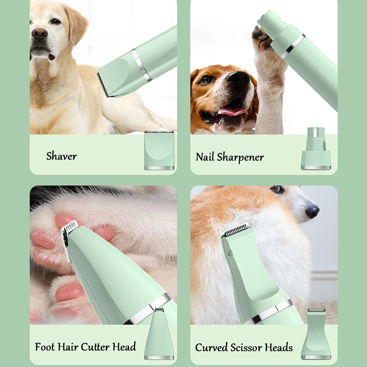 4-in-1 Electric Pet Grooming Kit, Rechargeable with Type-C, 4 Blades for Hair Trimming & Nail Grinding